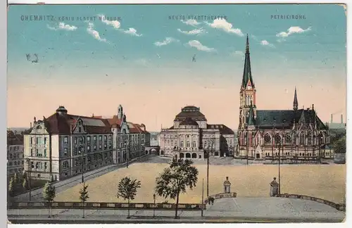 (109496) AK Chemnitz, König Albert Museum, Neues Stadttheater, Oper, Petrikirche