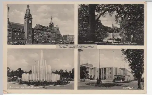 (109474) AK Gruß aus Chemnitz, Stadtbad, Brunnen, Rathaus, Markt 1942