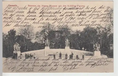 (106897) AK Chemnitz, Brunnen am Neuen Theater, Schilling Figuren 1910