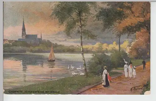 (101690) Künstler AK Chemnitz, Schlossteich mit Kirche vor 1945