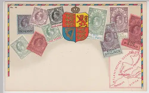(114751) AK Gibraltar, Briefmarken und Wappen, um 1905