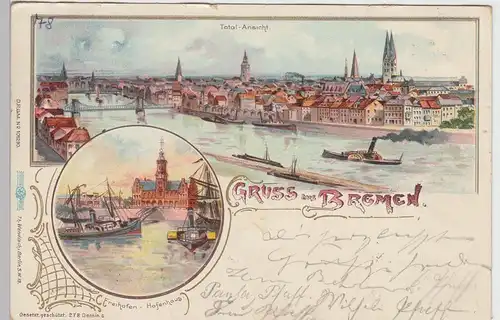 (97239) AK Gruss aus Bremen, Hafenhaus, Totale, Litho 1900