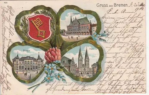 (113203) Künstler AK Gruß aus Bremen, Wappen, Börse, Rathaus, Dom 1904