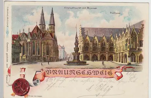 (104604) AK Braunschweig, Altstadtmarkt mit Brunnen u. Rathaus, Litho 1900