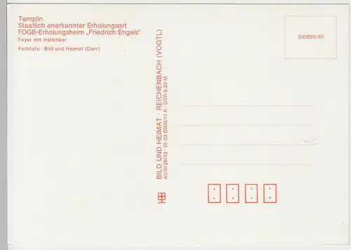 (99298) AK Templin, FDGB-Erholungsheim Friedrich Engels, Foyer 1989