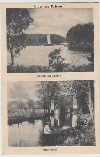 (88906) AK Gruss aus Prieros i.M., Einfahrt zur Dubrow, Prierosbrück 1922