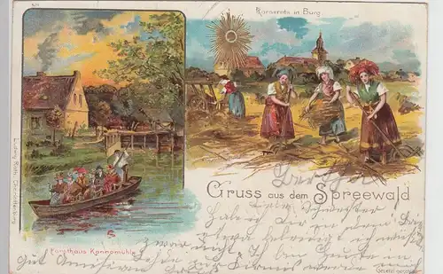(109919) Künstler AK Gruß aus dem Spreewald, Kornernte in Burg, Kannomühle 1899