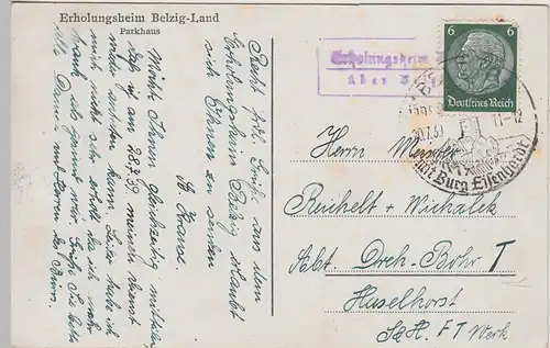 (106858) AK Erholungsheim Belzig Land, Parkhaus, Sonderstempel 1939