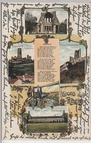 (111179) AK Gruss vom Rhein, Ruinen, Uni Bonn u. Rheinlied, 1911