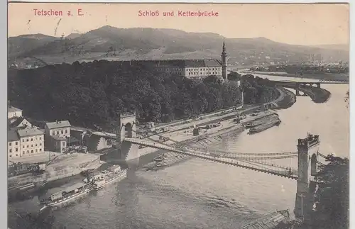 (91638) AK Tetschen, Decín, Schloss u. Kettenbrücke, 1913