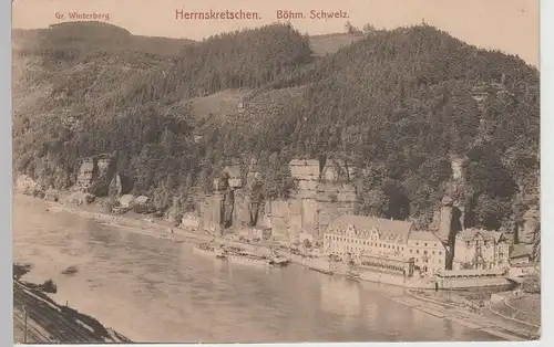 (75994) AK Herrnskretschen, Hrensko, Ortsansicht, Hotel Hetschel, vor 1945