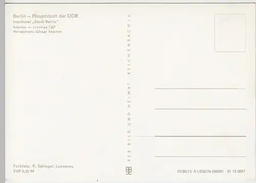 (92066) AK Berlin, Interhotel -Stadt Berlin-, DDR 1974