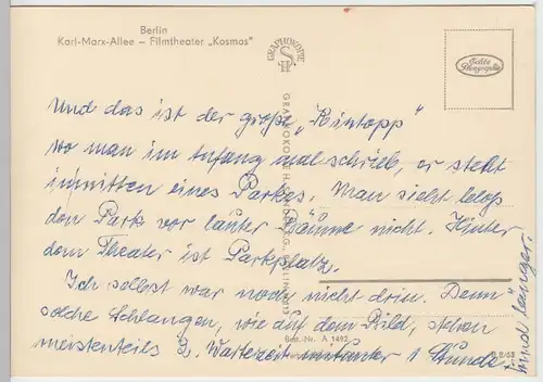 (86146) Foto AK Berlin DDR, Karl-Marx-Allee, Filmtheater Kosmos, 1963