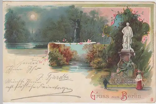 (48643) AK Gruß aus Berlin, Lessingdenkmal, Löwenbrücke, Litho 1897