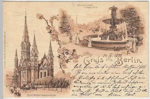 (31548) AK Gruss aus Berlin, Wrangelbrunnen, Gedächtnisskirche Litho 1899