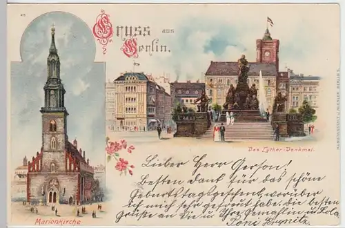 (30296) AK Gruss aus Berlin, Marienkirche, Luther-Denkmal, Litho 1902