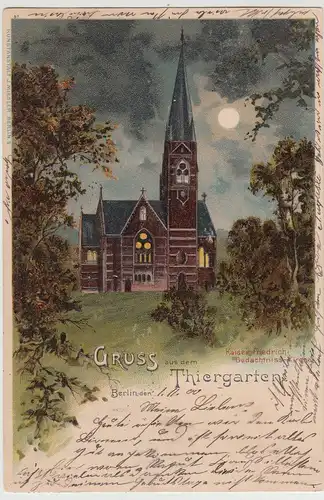 (115322) AK Berlin, Gruss aus d.Tiergarten, Gedächtniskirche b.Nacht, Litho 1900