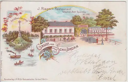 (114837) AK Gruss aus Schildhorn, Denkmal u. Rieger's restaurant, Litho 1898