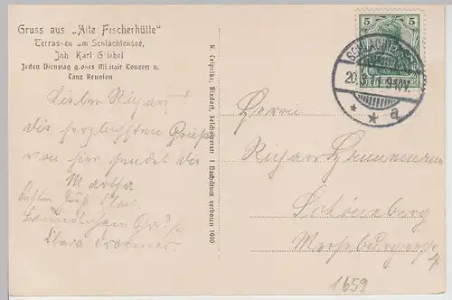 (113658) AK Schlachtensee, Gruß aus Alte Fischerhütte, Berlin 1911