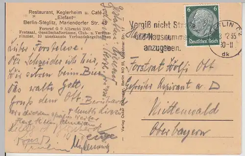 (113250) AK Berlin Steglitz, Restaurant Elefant, Verbandskegelbahnen 1935