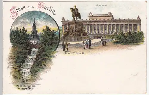 (110592) AK Gruss aus Berlin, Museum u. Wassersturz i. Victoria-Park, Litho um 1