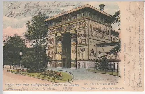 (110477) AK Berlin, Gruss aus dem Zoologischen Garten, neues Straußenhaus 1902