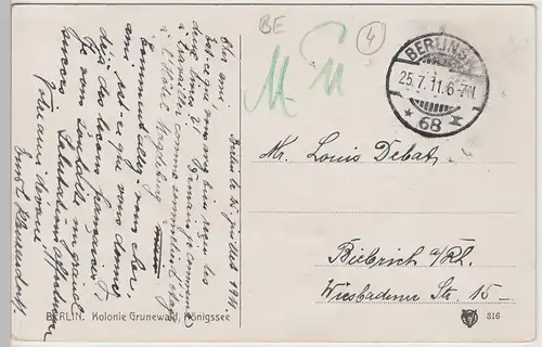 (109174) AK Berlin, Kolonie Grunewald, Königssee 1911