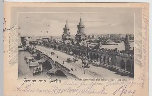 (108625) AK Gruss aus Berlin, Oberbaumbrücke mit elektrischer Hochbahn, 1902