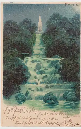 (105119) AK Berlin, Wasserfall im Victoriapark bei Beleuchtung, 1899