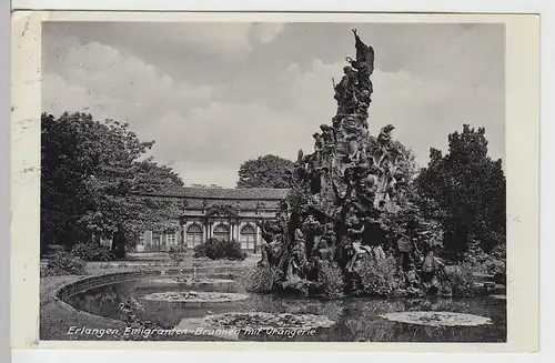 (98030) AK Erlangen, Emigranten-Brunnen mit Orangerie, Bahnpost 1933