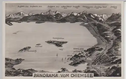 (97531) Foto AK Chiemsee, Panoramakarte, gemalt, vor 1945