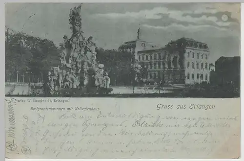 (82786) AK Gruss aus Erlangen, Emigrantenbrunnen mit Collegienhaus, 1898