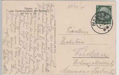 (81948) AK Passau, Zusammenfluss d. Donau m. Inn u. Ilz, 1934