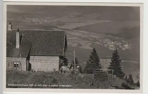 (81777) Foto AK Arberschutzhaus mit bayr. u. böhm. Eisenstein, 1935