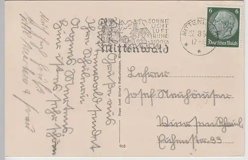 (66148) AK Mittenwald a. Isar, Gesamtansicht gegen Wetterstein, 1936