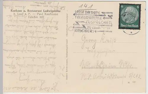 (45200) AK Lauf an der Pegnitz, Kurhaus Ludwigshöhe, 1935