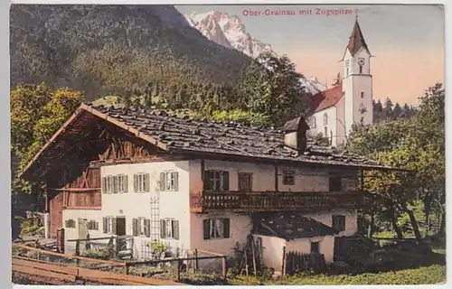 (19764) AK Obergrainau, Kirche, Zugspitze 1914