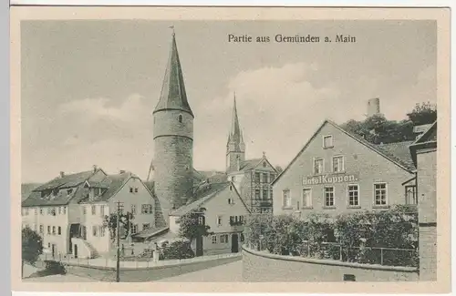 (113149) AK Gemünden am Main, Hotel Koppen, Hexenturm, Kirche, vor 1945