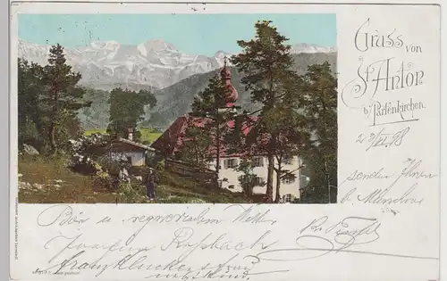 (112480) AK Gruß von St. Anton, Partenkirchen, Wallfahrtskirche 1898