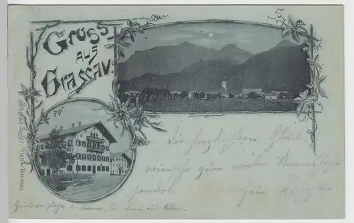 (107404) AK Gruss aus Grassau, Totale u. Post, Mondscheinkarte 1898