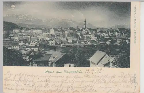 (107208) AK Gruss aus Traunstein, Panorama bei Mondschein 1898