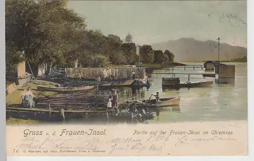 (107179) AK Gruß von der Fraueninsel, Chiemsee, Ufer, Boote 1904