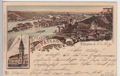 (105695) AK Gruss aus Passau, Totale u. Rathaus, Litho um 1900