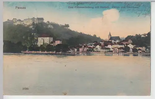 (105690) AK Passau, Drei Flüsse-Mündung mit Ilzstadt, 1913
