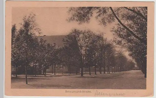 (114495) AK Beaumont Straße, Allee, Stempel Burg bei Magdeburg, Feldpost 1918