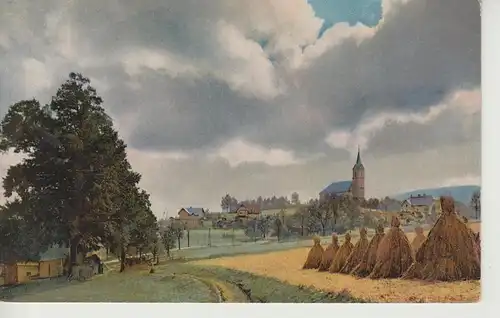 (108007) AK Dorf mit Kirche, aufgestellte Getreidegarben, Bäume, Feldweg, vor 19