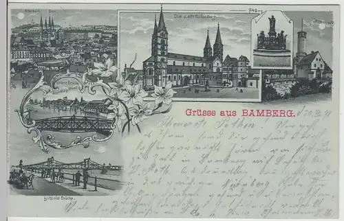 (111946) AK Grüsse aus Bamberg, Mehrbild Mondschein Litho 1898
