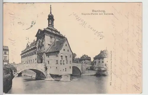 (104060) AK Bamberg, Regnitz-Partie mit Rathaus, 1902