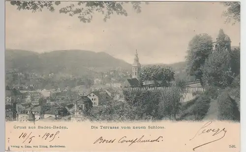 (94809) AK Gruss aus Baden-Baden, Terrasse vom neuen Schloss, 1905