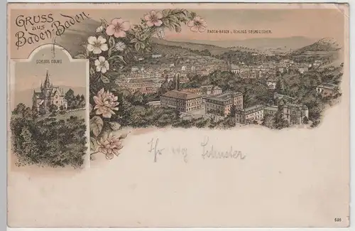 (72122) AK Gruß aus Baden-Baden, Panorama, Schloss Solms 1901